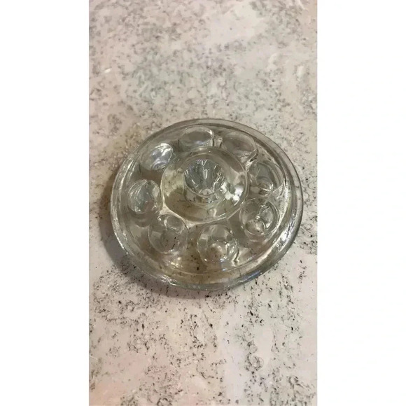 Vintage Clear Heavy Glass Round Flower Frog 9 Holes Stem‎ Holder Arranging Base - Picture 3 of 6